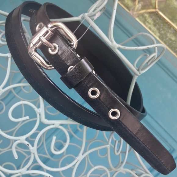 Genuine Leather Belt Thin Two Tone Black Suede Silver Metal Hardware - Picture 12 of 12